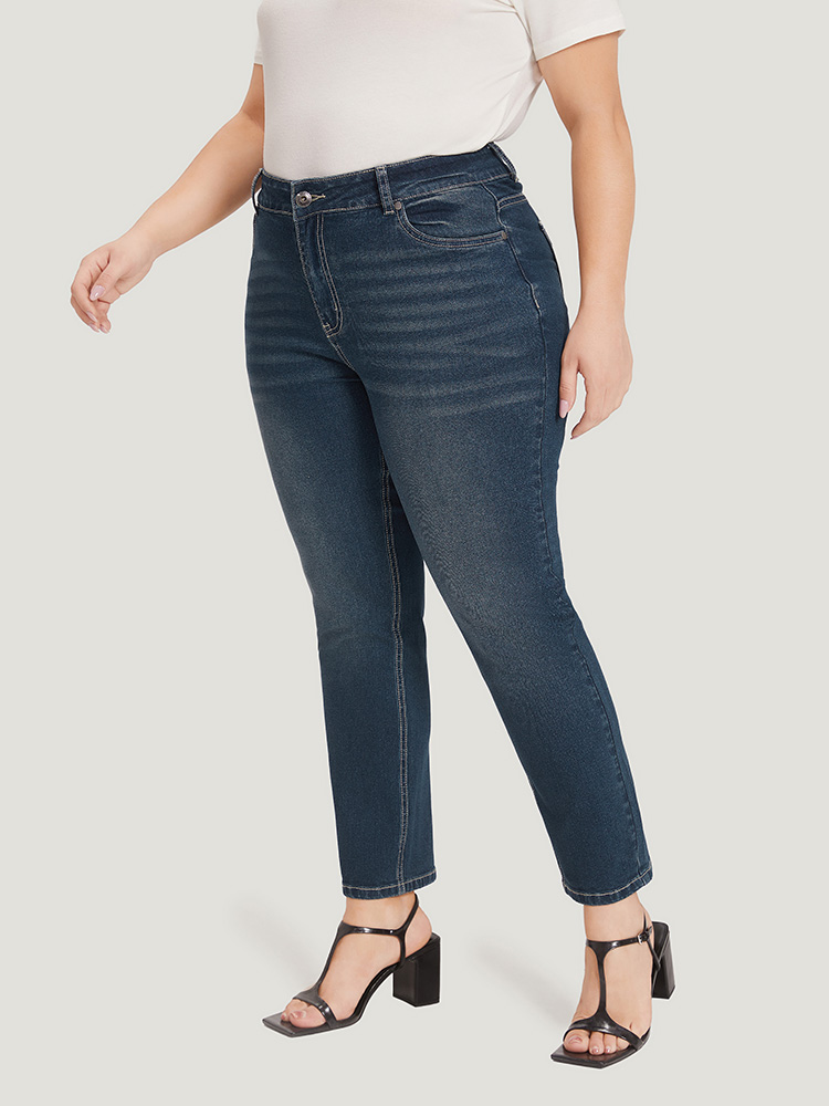 Plus Size Solid High Rise Pocket Dark Wash Jeans Women Midnight Casual Plain Plain High stretch Pocket Jeans BloomChic 28/5X 