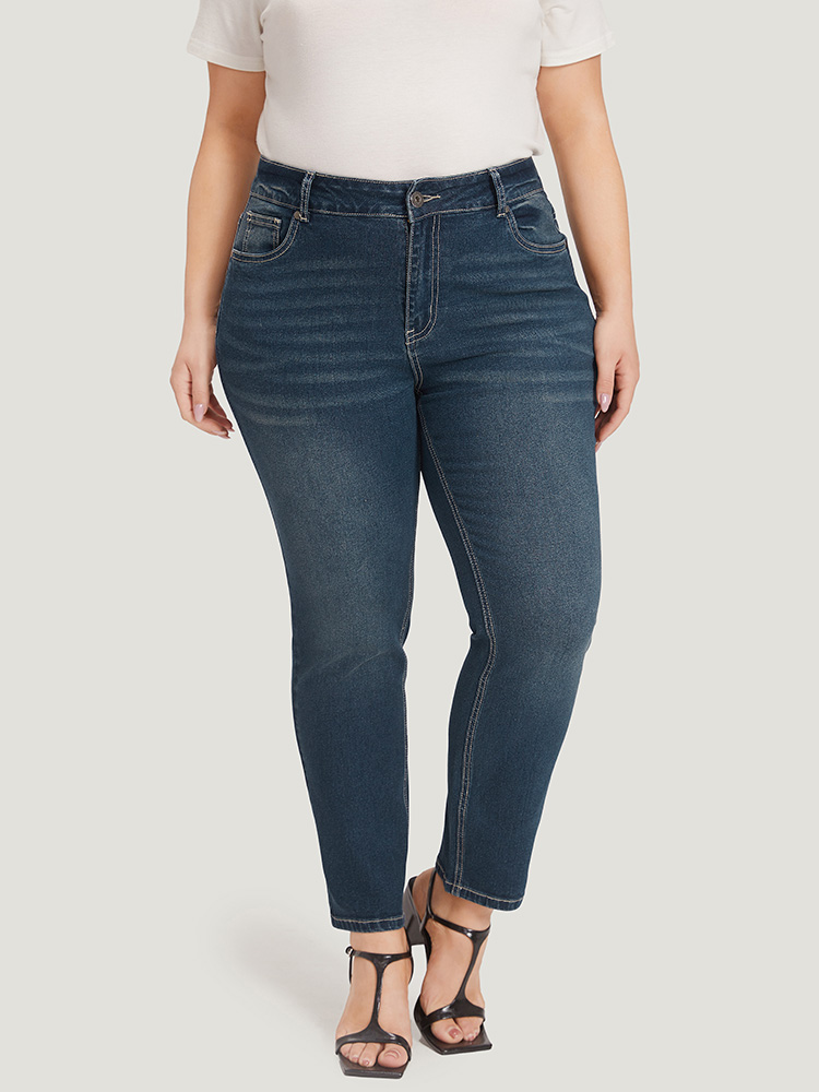 Plus Size Solid High Rise Pocket Dark Wash Jeans Women Midnight Casual Plain Plain High stretch Pocket Jeans BloomChic 28/5X 
