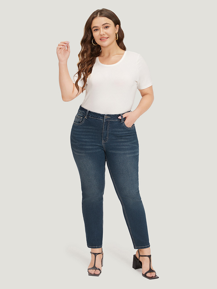Plus Size Solid High Rise Pocket Dark Wash Jeans Women Midnight Casual Plain Plain High stretch Pocket Jeans BloomChic 28/5X 