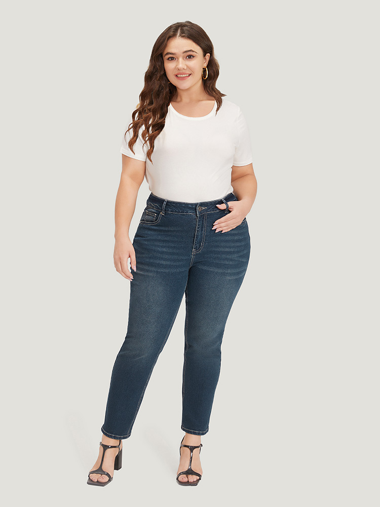 Plus Size Solid High Rise Pocket Dark Wash Jeans Women Midnight Casual Plain Plain High stretch Pocket Jeans BloomChic 28/5X 