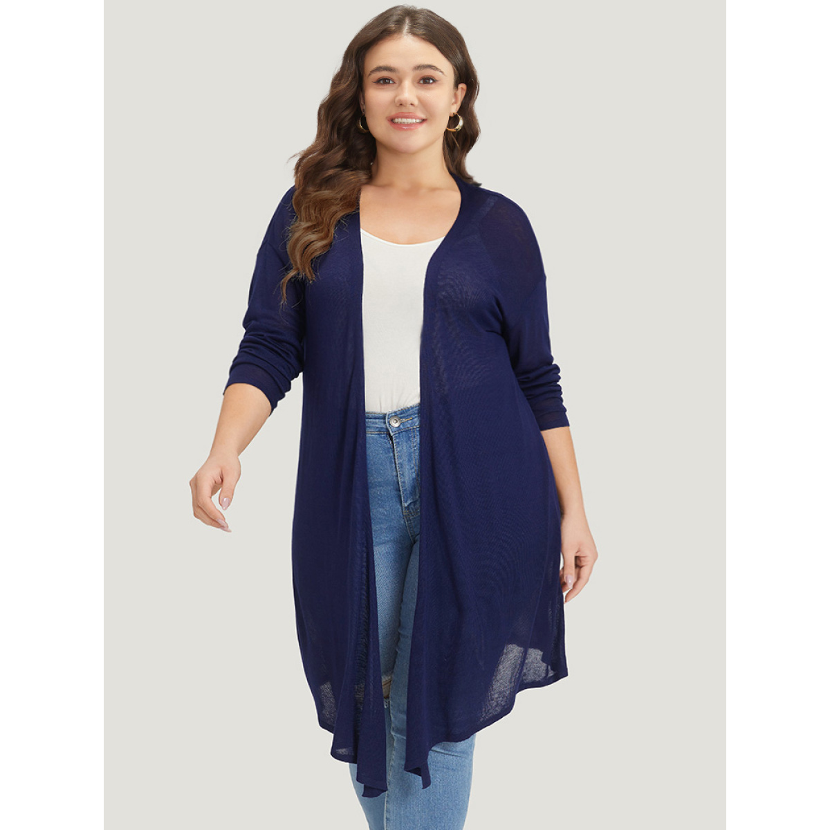 

Plus Size Supersoft Essentials Plain Asymmetrical Hem Open Front Cardigan Indigo Women Casual Loose Long Sleeve Dailywear Cardigans BloomChic
