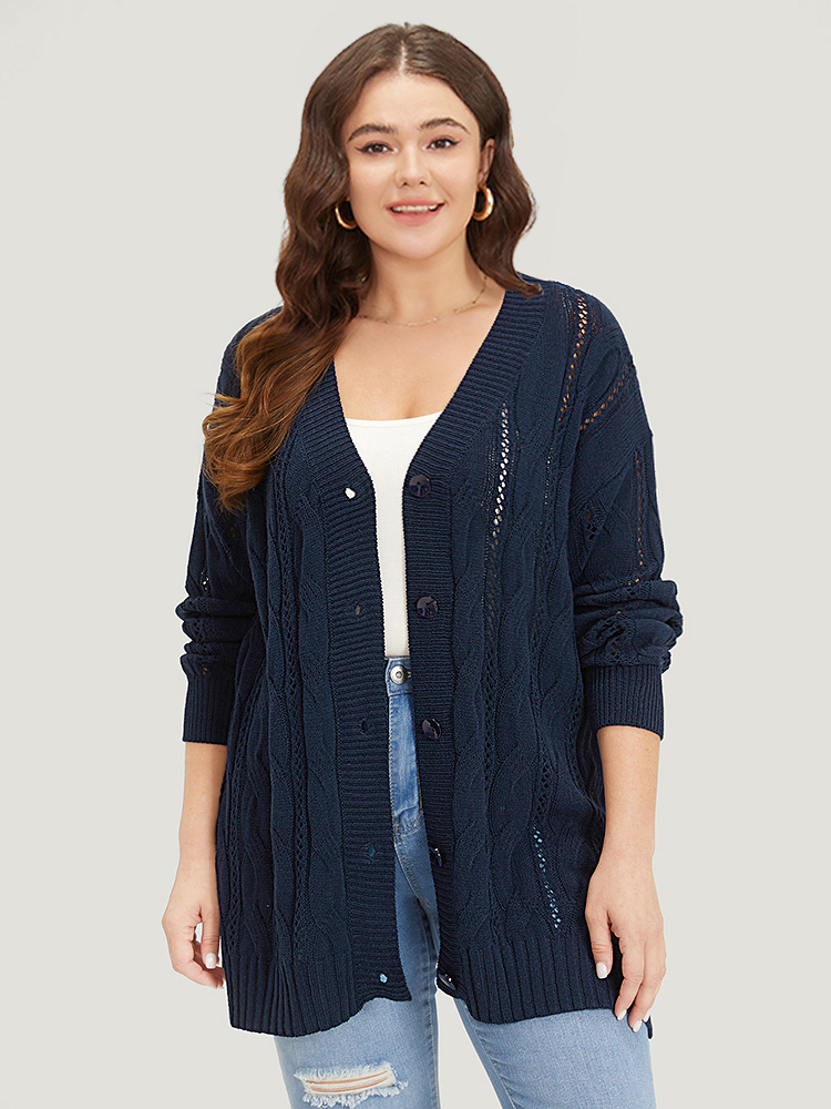 

Plus Size Plain Button Up Cable Knit Split Side Cardigan Indigo Women Casual Loose Long Sleeve Everyday Cardigans BloomChic