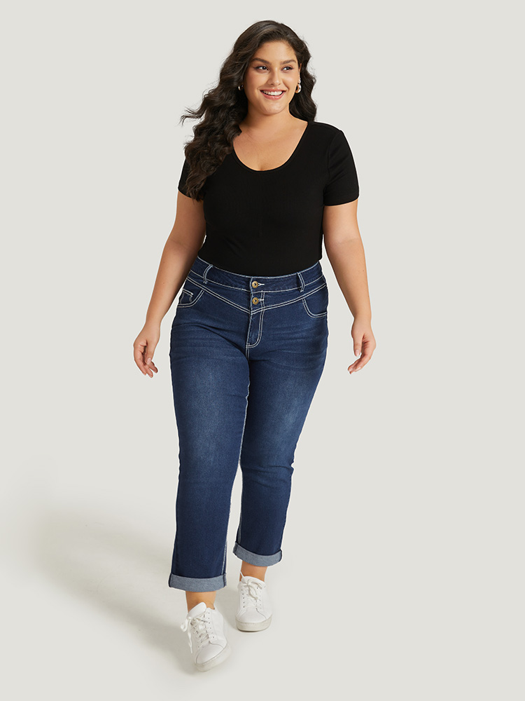 

Plus Size Contrast Stitch Roll Hem Straight Leg Jeans Women Navy Casual Plain Plain High stretch Pocket Jeans BloomChic