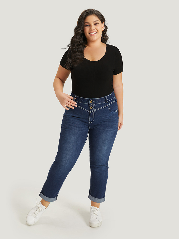 Plus Size Women Everyday Plain High stretch Straight Leg Dark Wash Casual Jeans BloomChic 