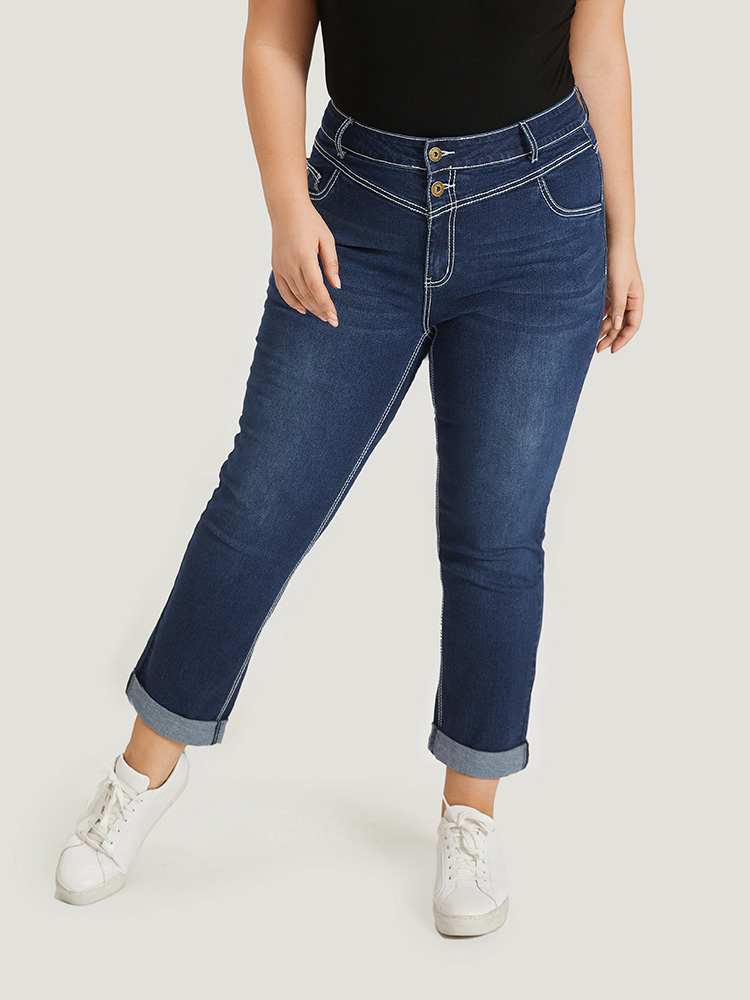Plus Size Women Everyday Plain High stretch Straight Leg Dark Wash Casual Jeans BloomChic 
