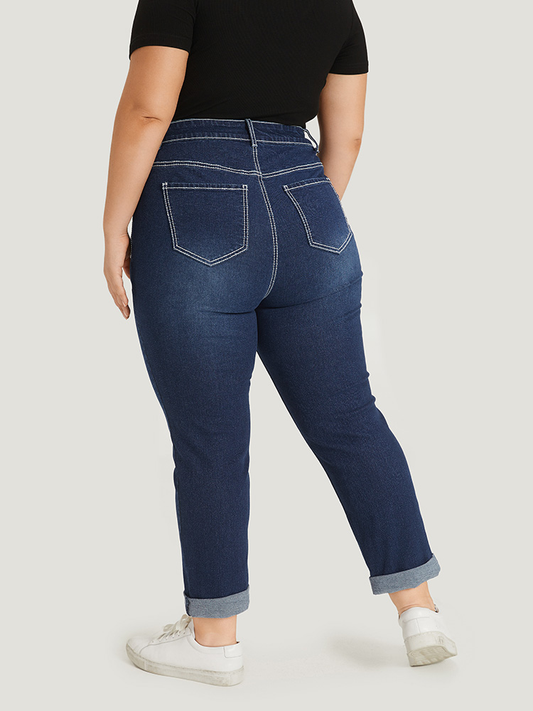 Plus Size Women Everyday Plain High stretch Straight Leg Dark Wash Casual Jeans BloomChic 