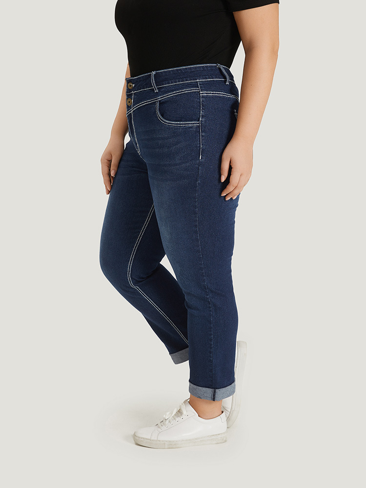 Plus Size Women Everyday Plain High stretch Straight Leg Dark Wash Casual Jeans BloomChic 