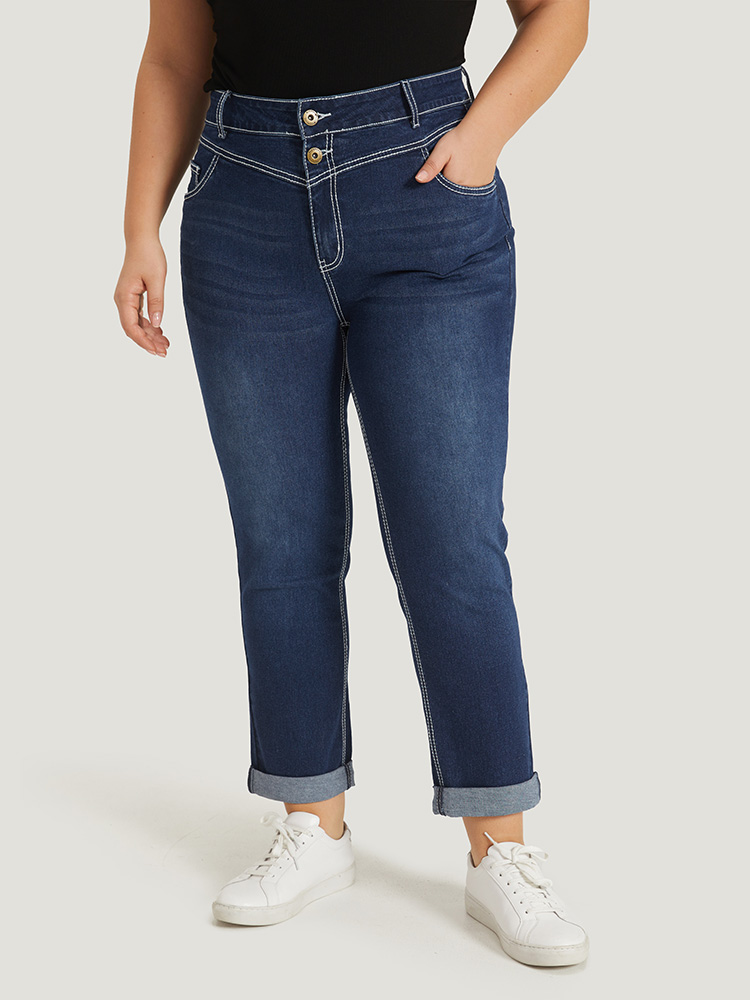 Plus Size Women Everyday Plain High stretch Straight Leg Dark Wash Casual Jeans BloomChic 