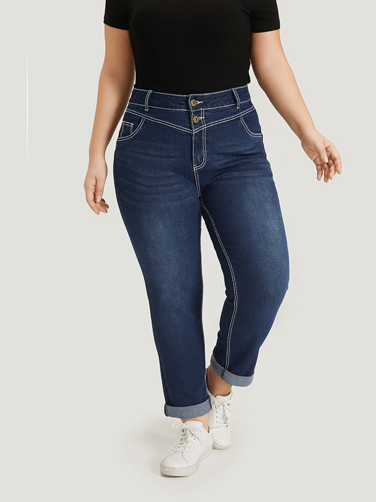 Plus Size Women Everyday Plain High stretch Straight Leg Dark Wash Casual Jeans BloomChic 