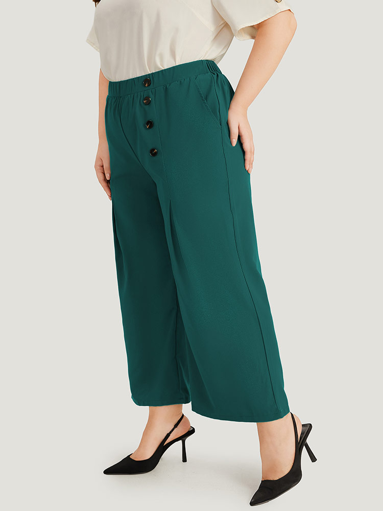 

Plus Size Solid Pleated Button Detail Straight Leg Pants Women ArmyGreen Office Straight Leg High Rise Work Pants BloomChic