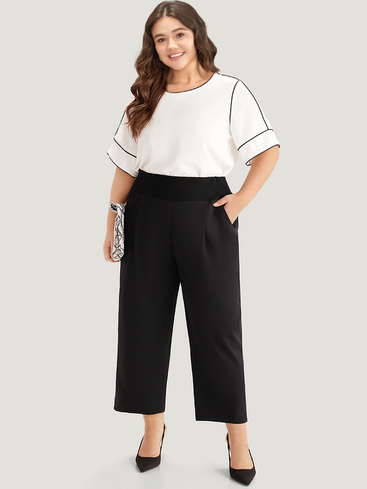 

Plus Size Plain Pleated Pocket Wideband Waist Pants Women Black Office High Rise Work Pants BloomChic