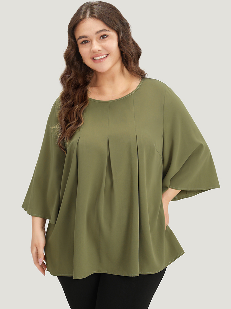 

Plus Size ArmyGreen Plain Pleated Detail Bell Sleeve Blouse Women Office Elbow-length sleeve Round Neck Work Blouses BloomChic