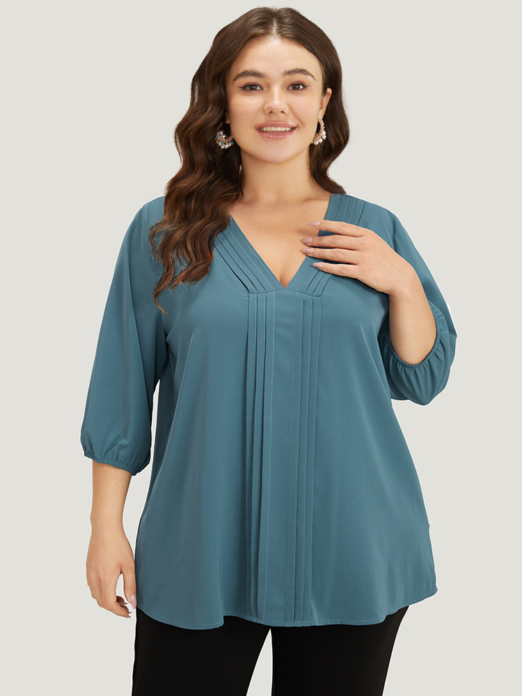Plus Size Women Work Plain Elastic cuffs Lantern Sleeve Elbow-length sleeve V-neck Office Blouses BloomChic 