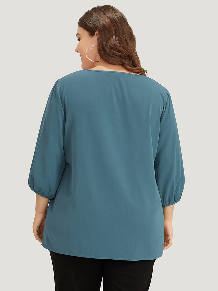 Plus Size Women Work Plain Elastic cuffs Lantern Sleeve Elbow-length sleeve V-neck Office Blouses BloomChic 