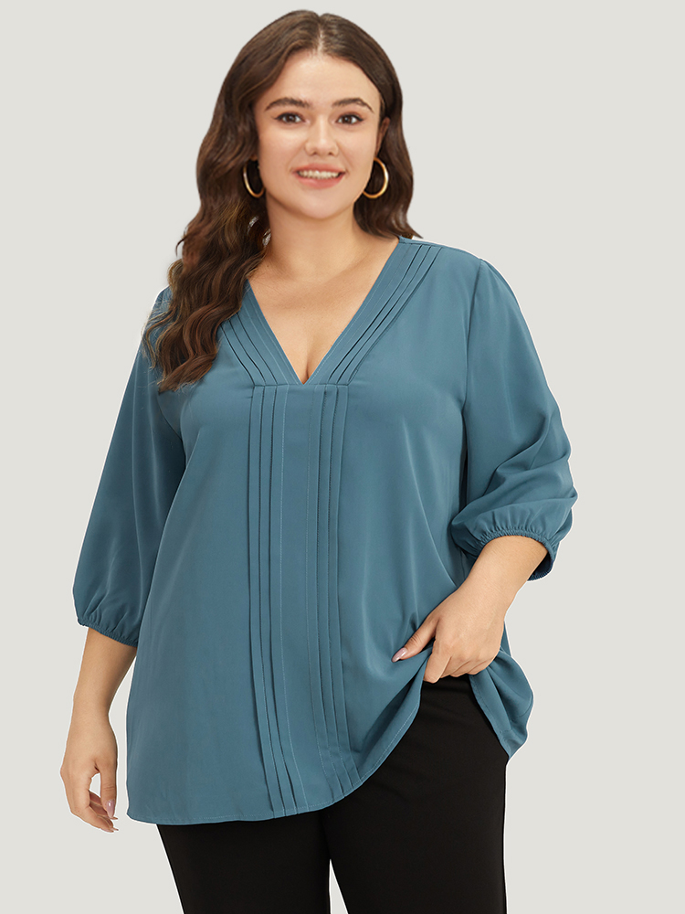 

Plus Size Aegean Plain Pleated Detail Elastic Cuffs V Neck Blouse Women Office Elbow-length sleeve V-neck Work Blouses BloomChic