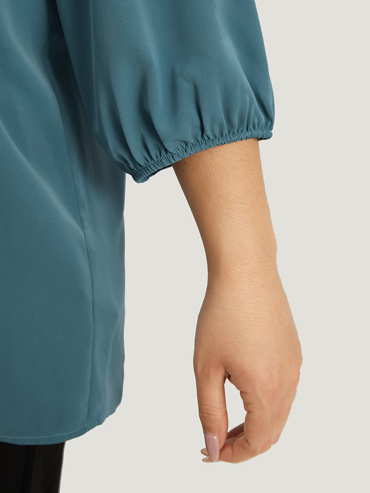 Plus Size Women Work Plain Elastic cuffs Lantern Sleeve Elbow-length sleeve V-neck Office Blouses BloomChic 