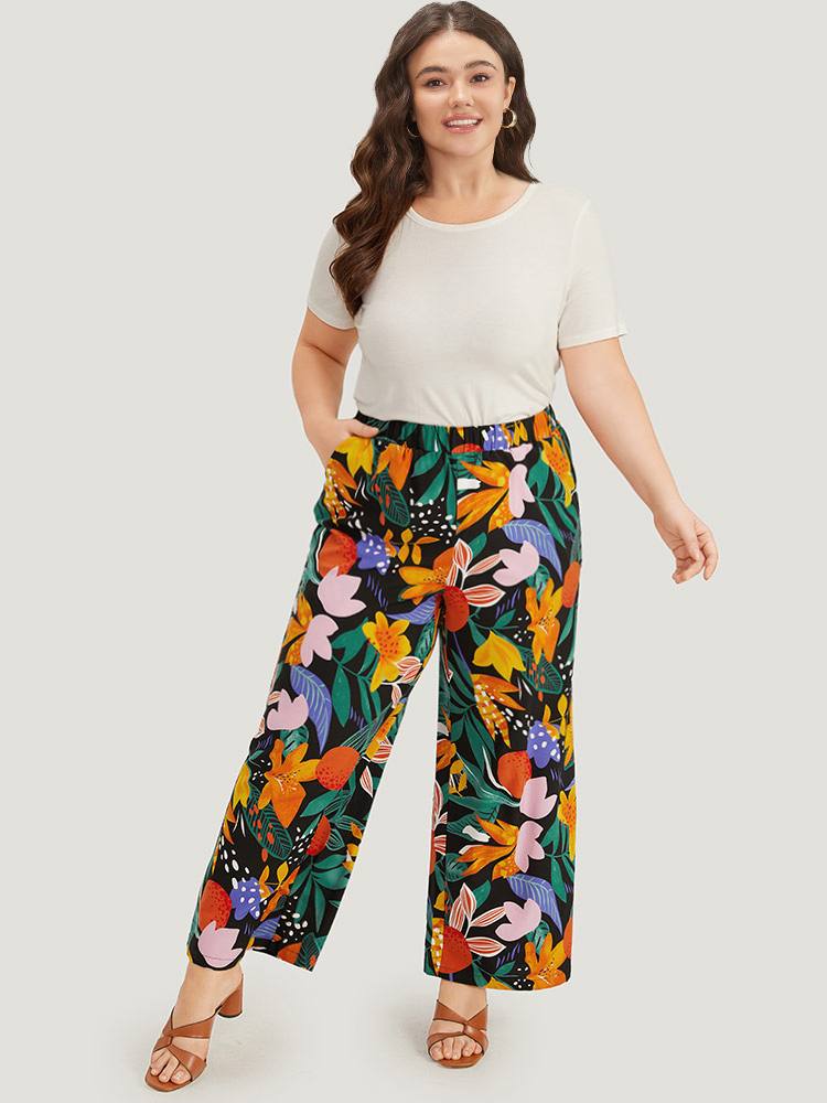 Plus Size Floral Print Pocket Elastic Waist Loose Pants Women Black Elegant Straight Leg High Rise Dailywear Pants BloomChic 28/5X 