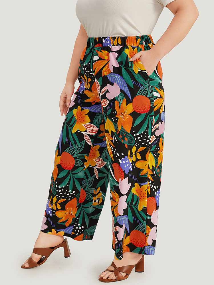 Plus Size Floral Print Pocket Elastic Waist Loose Pants Women Black Elegant Straight Leg High Rise Dailywear Pants BloomChic 28/5X 