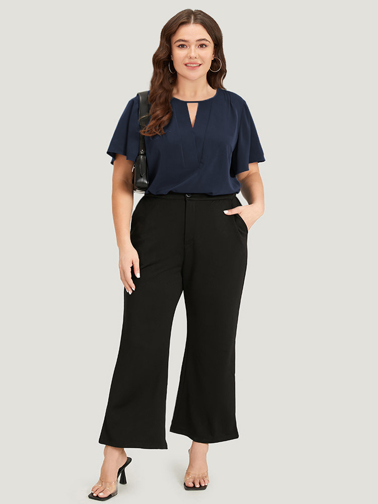

Plus Size Indigo Plain Cut Out Flutter Sleeve Pleated Blouse Women Office Short sleeve V-neck Work Blouses BloomChic