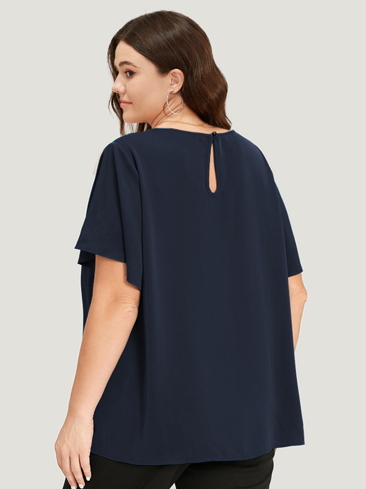Plus Size Indigo Plain Cut Out Flutter Sleeve Pleated Blouse Women Office Short sleeve V-neck Work Blouses BloomChic 18-20/2X 
