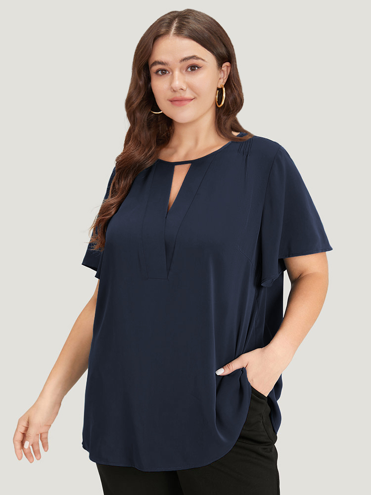 Plus Size Indigo Plain Cut Out Flutter Sleeve Pleated Blouse Women Office Short sleeve V-neck Work Blouses BloomChic 18-20/2X 