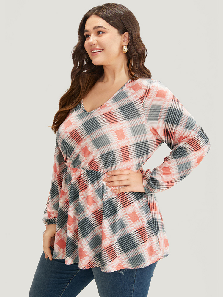 Plus Size Women Dailywear Plaid Printed Regular Sleeve Long Sleeve V-neck Casual T-shirts BloomChic 