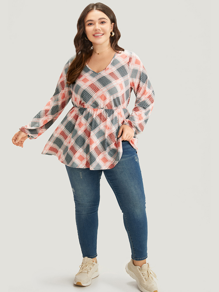 Plus Size Women Dailywear Plaid Printed Regular Sleeve Long Sleeve V-neck Casual T-shirts BloomChic 