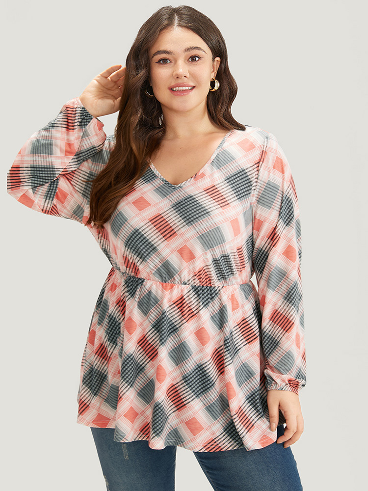Plus Size Women Dailywear Plaid Printed Regular Sleeve Long Sleeve V-neck Casual T-shirts BloomChic 