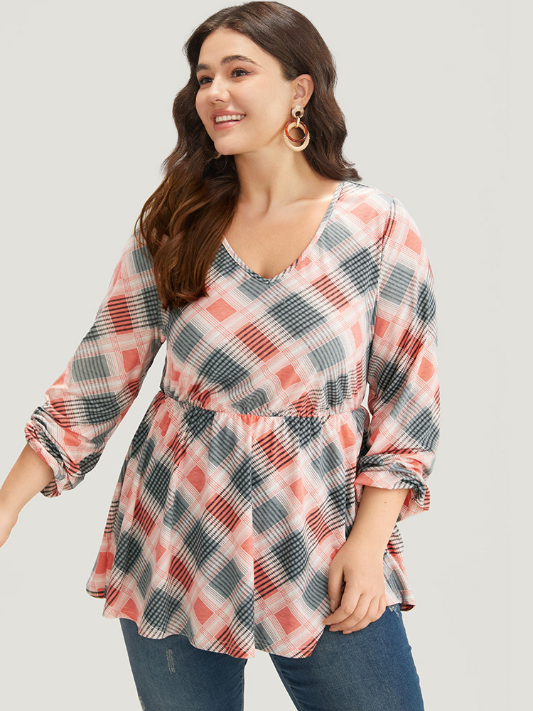 Plus Size Women Dailywear Plaid Printed Regular Sleeve Long Sleeve V-neck Casual T-shirts BloomChic 