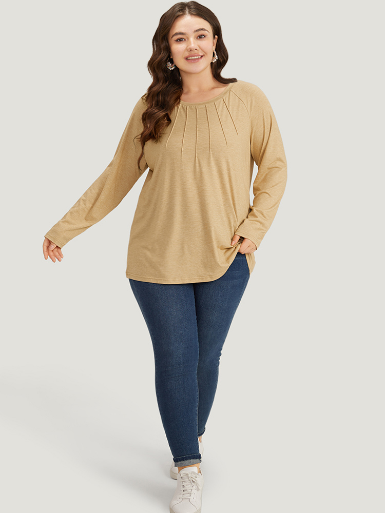 

Plus Size Solid Pleated Raglan Sleeve Crew Neck T-shirt Tan Women Casual Plain Plain Round Neck Dailywear T-shirts BloomChic