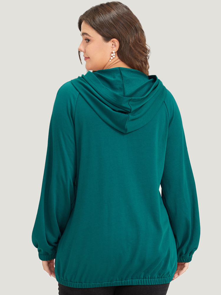 

Plus Size Plain Button Up Pocket Hooded Raglan Sleeve Sweatshirt Women Cyan Casual Elastic cuffs Hooded Dailywear Sweatshirts BloomChic