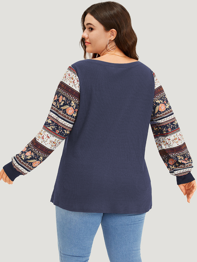 

Plus Size Boho Print Patchwork Crew Neck Sweatshirt Women DarkBlue Casual Elastic cuffs Round Neck Everyday Sweatshirts BloomChic