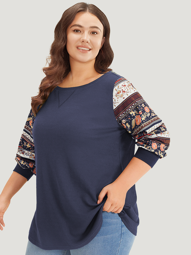 Plus Size Boho Print Patchwork Crew Neck Sweatshirt Women DarkBlue Casual Elastic cuffs Round Neck Everyday Sweatshirts BloomChic 26/4X 
