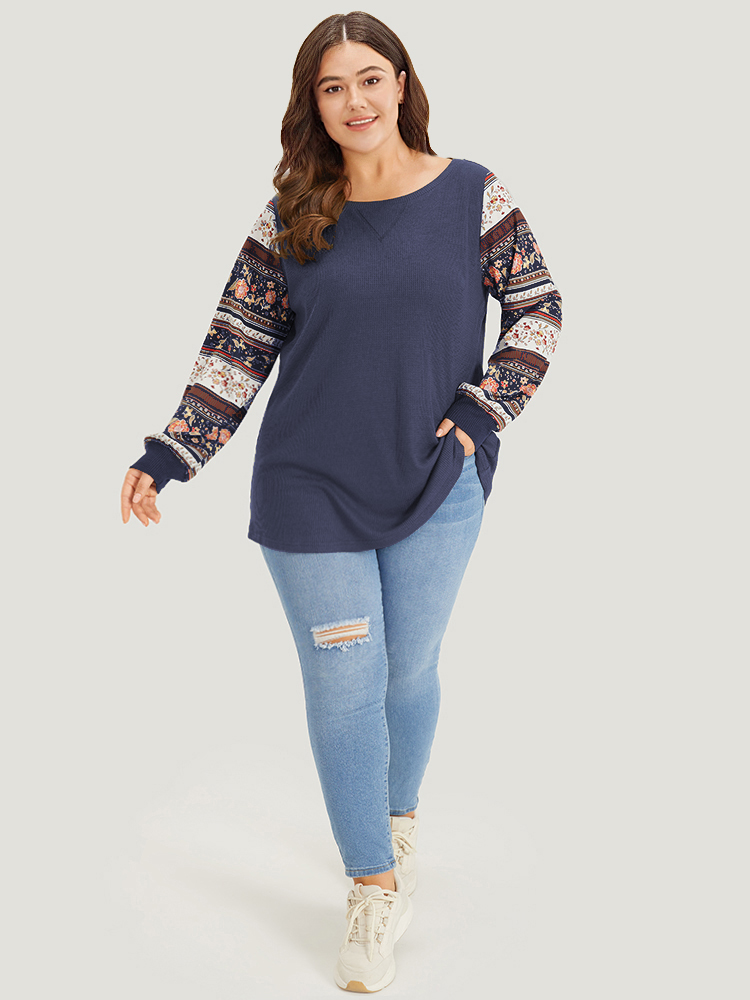 Plus Size Boho Print Patchwork Crew Neck Sweatshirt Women DarkBlue Casual Elastic cuffs Round Neck Everyday Sweatshirts BloomChic 26/4X 