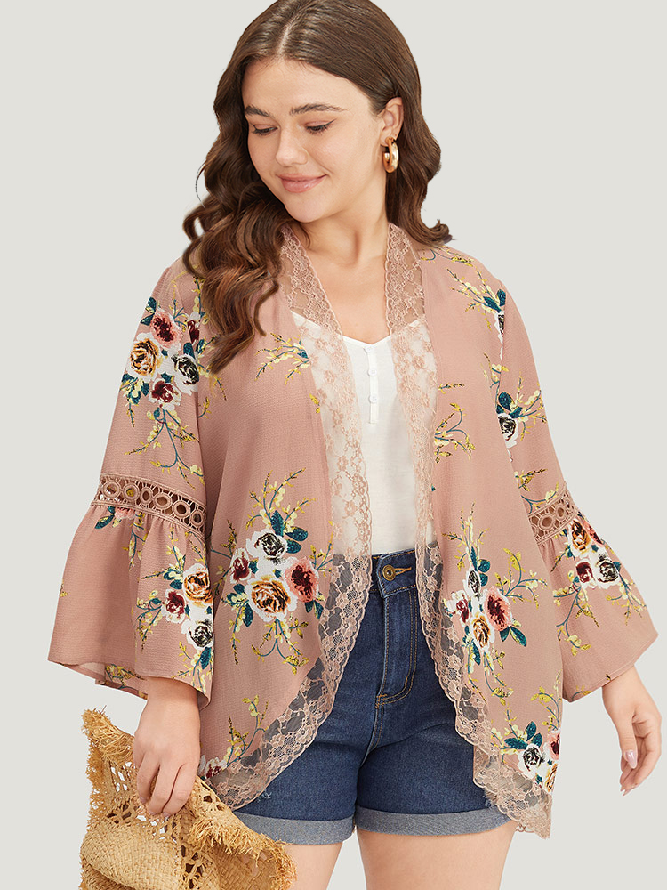 

Plus Size Contrast Lace Ruffle Open Front Cut Out Kimono Women DustyPink Vacation Patchwork Loose Dailywear Kimonos BloomChic