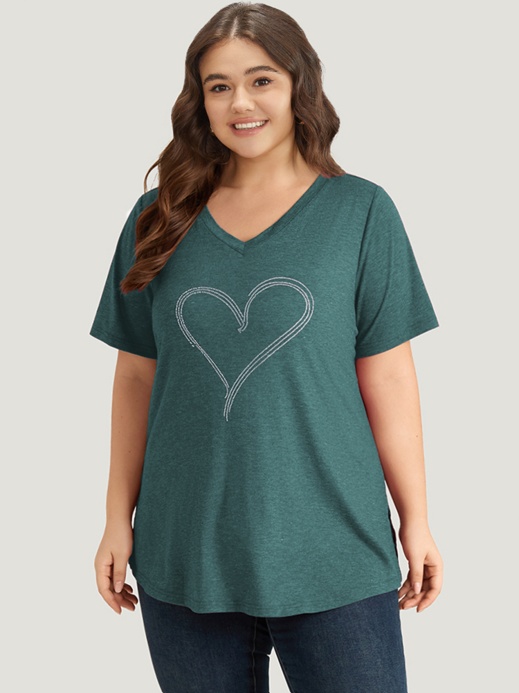 

Plus Size Solid Heart Rhinestone V Neck T-shirt DarkGreen Women Casual Plain Heart Print Dailywear T-shirts BloomChic