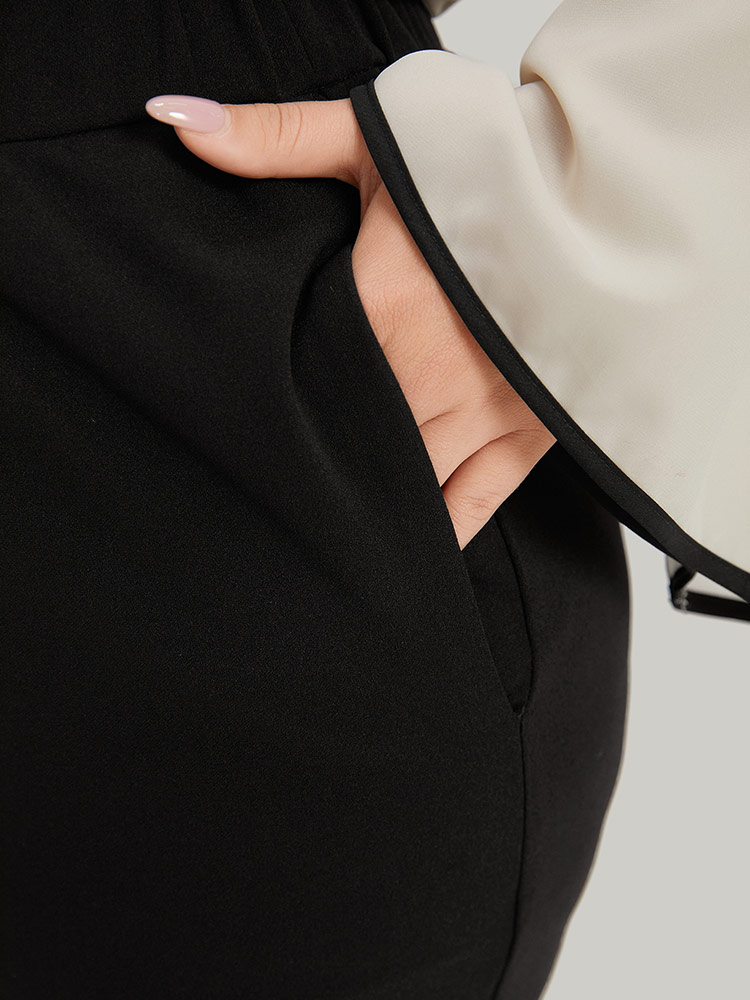 

Plain Elastic Waist Pocket Woven Pants, Black