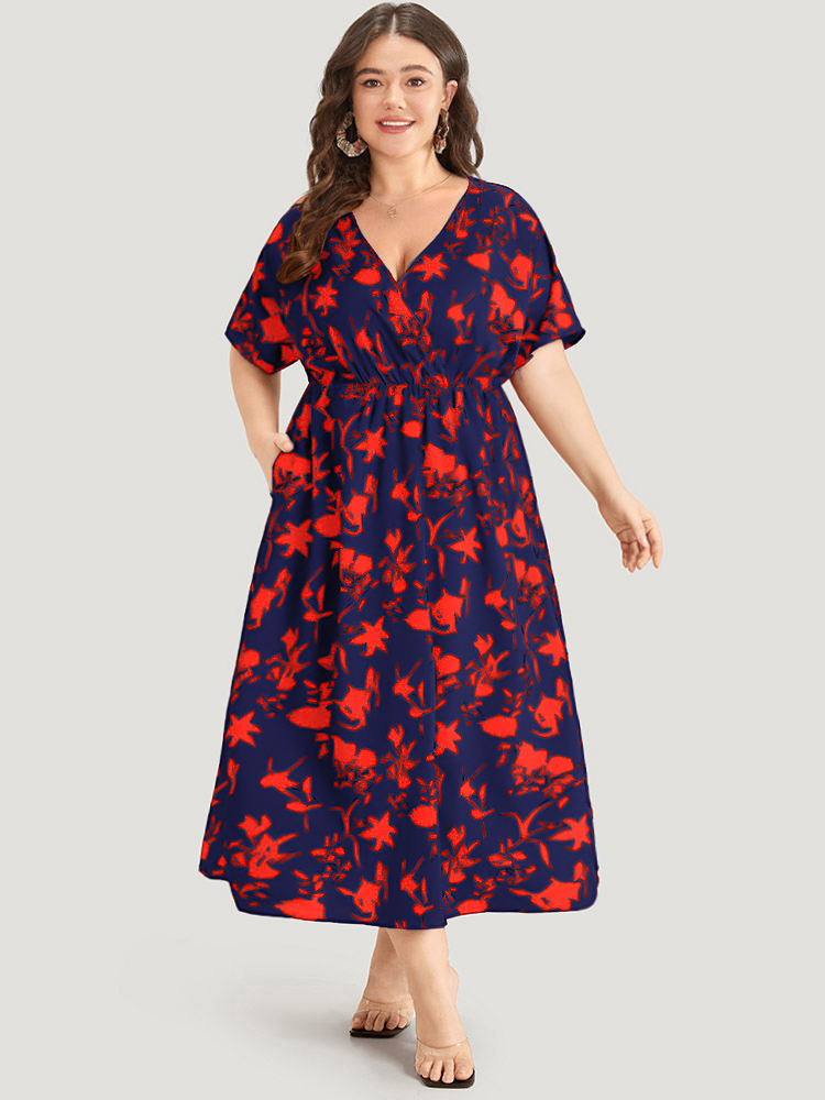 

Plus Size Silhouette Floral Print Surplice Neck Elastic Waist Dress Navy Women Elegant Wrap V-neck Short sleeve Curvy Midi Dress BloomChic