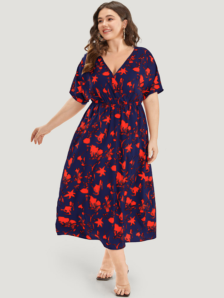 Plus Size Silhouette Floral Print Surplice Neck Elastic Waist Dress Navy Women Elegant Wrap V-neck Short sleeve Curvy Midi Dress BloomChic 10/M 