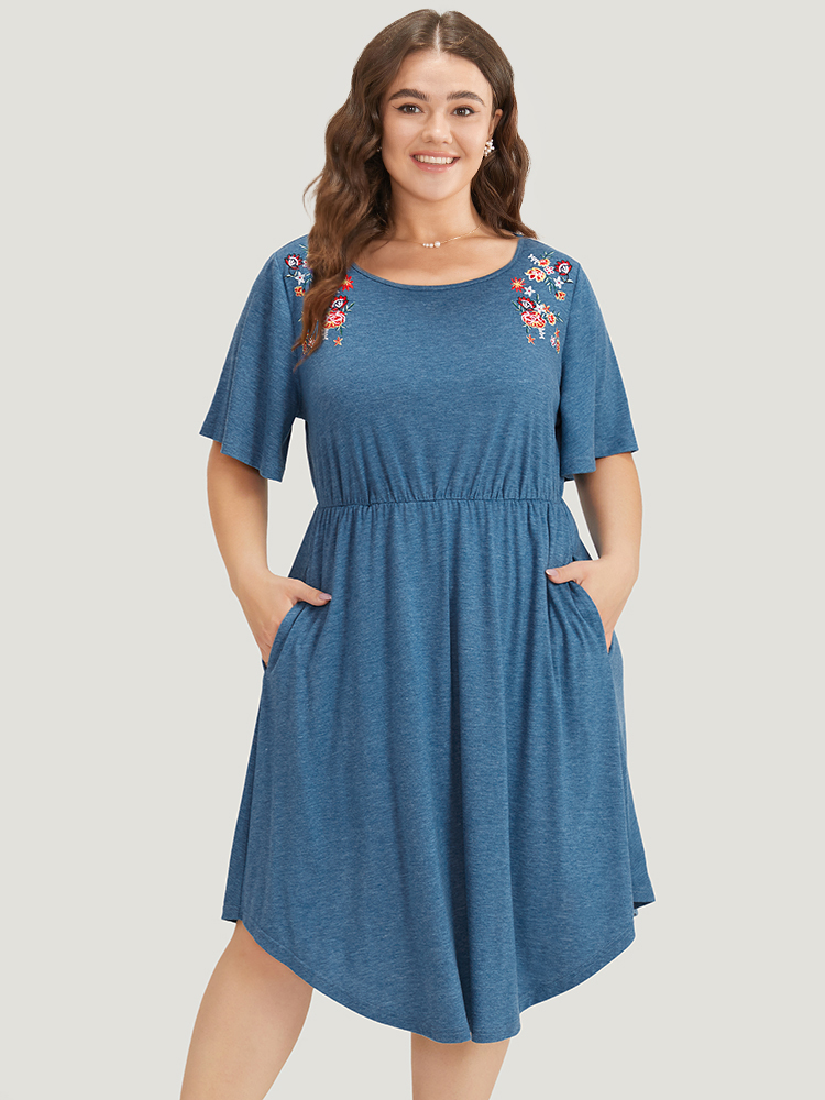 

Plus Size Supersoft Essentials Floral Embroidered Pocket Elastic Waist Dress Cerulean Women Casual Gathered Round Neck Short sleeve Curvy Midi Dress BloomChic