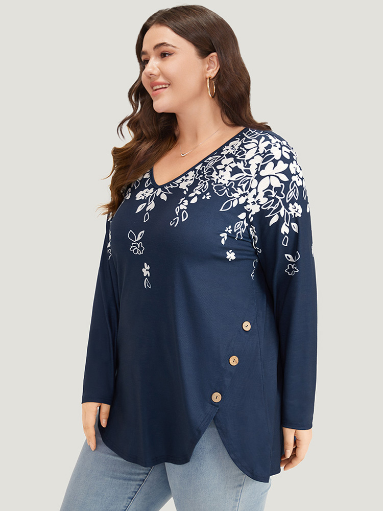 

Silhouette Floral Print Button Detail Arc Hem T-shirt, Navy