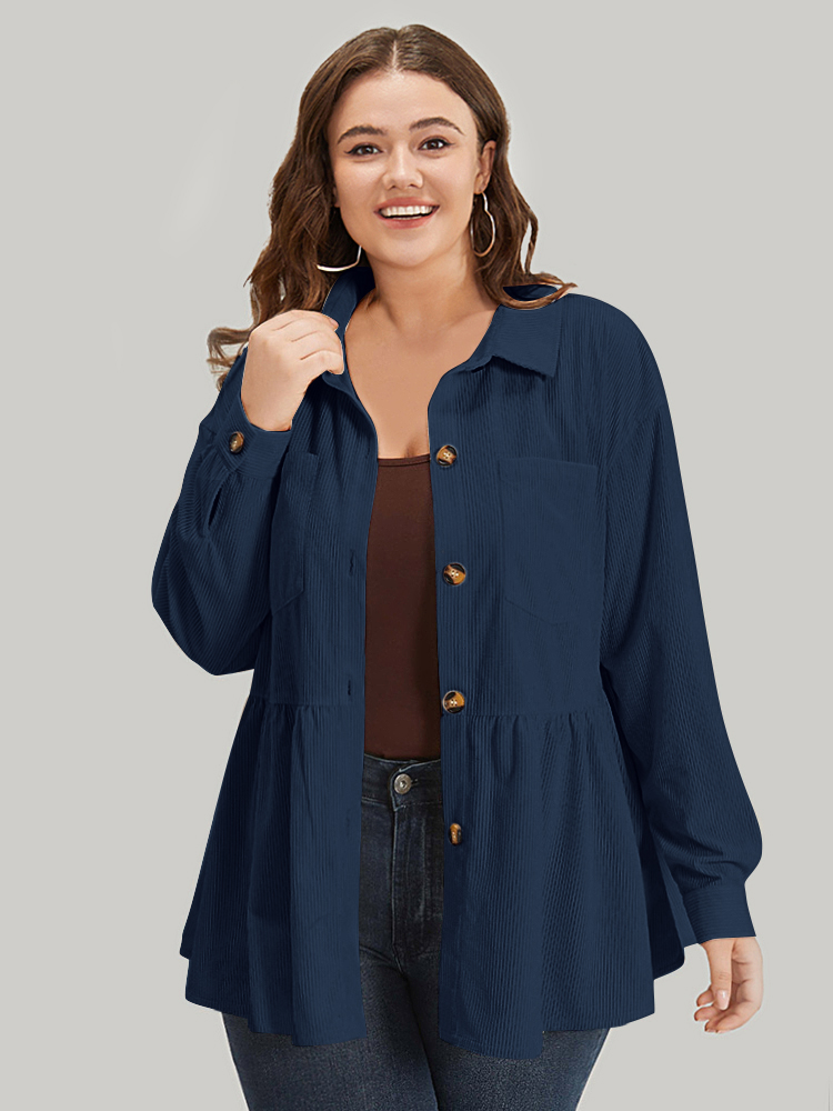 

Plus Size Plain Shirt Collar Button Through Ruffle Hem Pocket Coat Women Navy Button Pocket Dailywear Jackets BloomChic