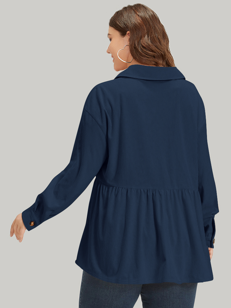 Plus Size Plain Shirt Collar Button Through Ruffle Hem Pocket Coat Women Navy Button Pocket Dailywear Jackets BloomChic 18-20/2X 