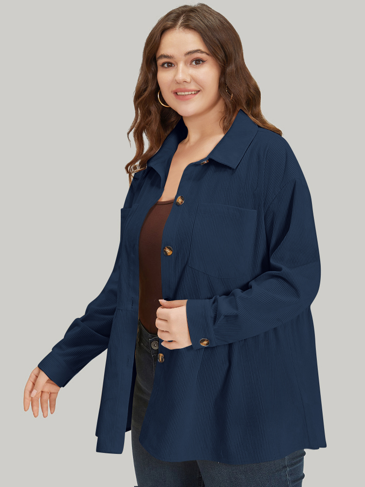 Plus Size Plain Shirt Collar Button Through Ruffle Hem Pocket Coat Women Navy Button Pocket Dailywear Jackets BloomChic 18-20/2X 