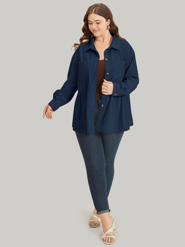 

Plus Size Plain Shirt Collar Button Through Ruffle Hem Pocket Coat Women Navy Button Pocket Dailywear Jackets BloomChic