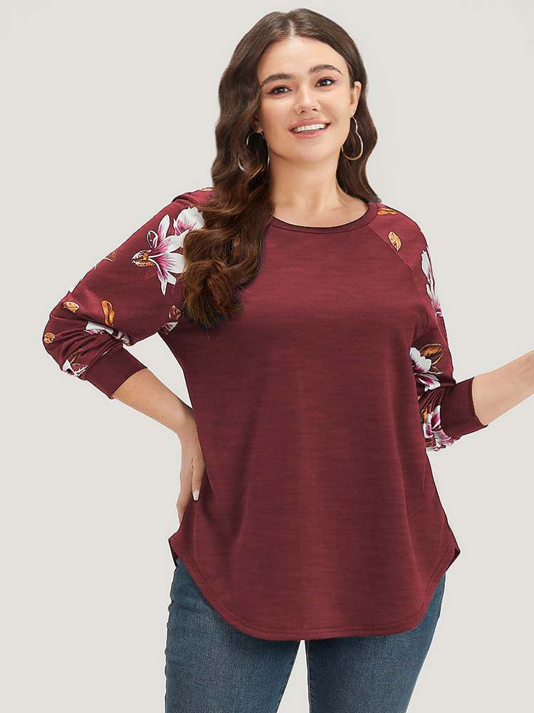 

Plus Size Floral Patchwork Crew Neck Raglan Sleeve Sweatshirt Women Burgundy Elegant Elastic cuffs Round Neck Dailywear Sweatshirts BloomChic