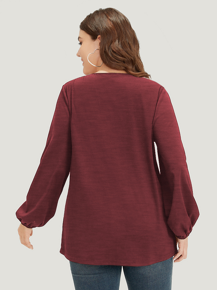 Plus Size Floral Patchwork Crew Neck Raglan Sleeve Sweatshirt Women Burgundy Elegant Elastic cuffs Round Neck Dailywear Sweatshirts BloomChic 14-16/1X 