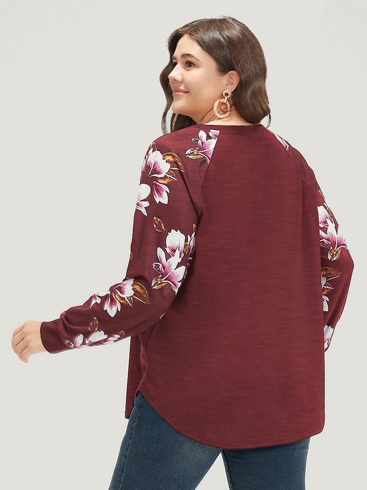 Plus Size Floral Patchwork Crew Neck Raglan Sleeve Sweatshirt Women Burgundy Elegant Elastic cuffs Round Neck Dailywear Sweatshirts BloomChic 14-16/1X 