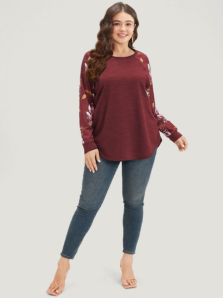 Plus Size Floral Patchwork Crew Neck Raglan Sleeve Sweatshirt Women Burgundy Elegant Elastic cuffs Round Neck Dailywear Sweatshirts BloomChic 14-16/1X 