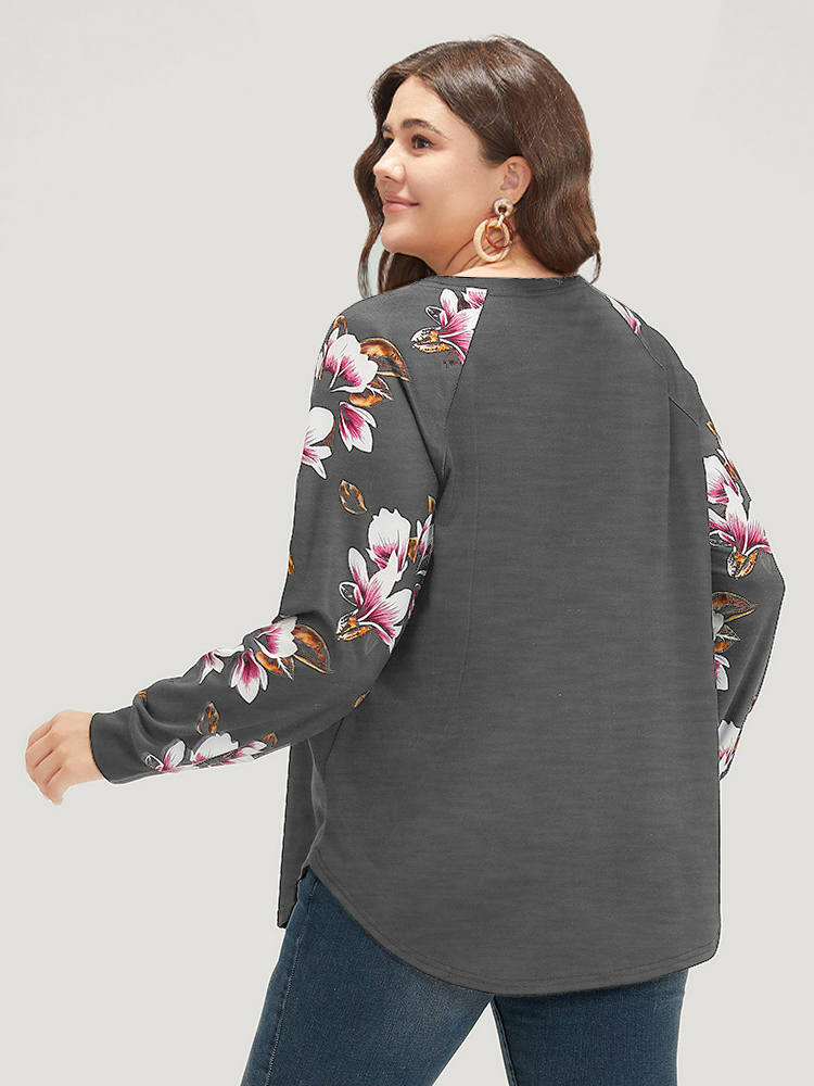 Plus Size Floral Patchwork Crew Neck Raglan Sleeve Sweatshirt Women Gray Elegant Elastic cuffs Round Neck Dailywear Sweatshirts BloomChic 10/M 